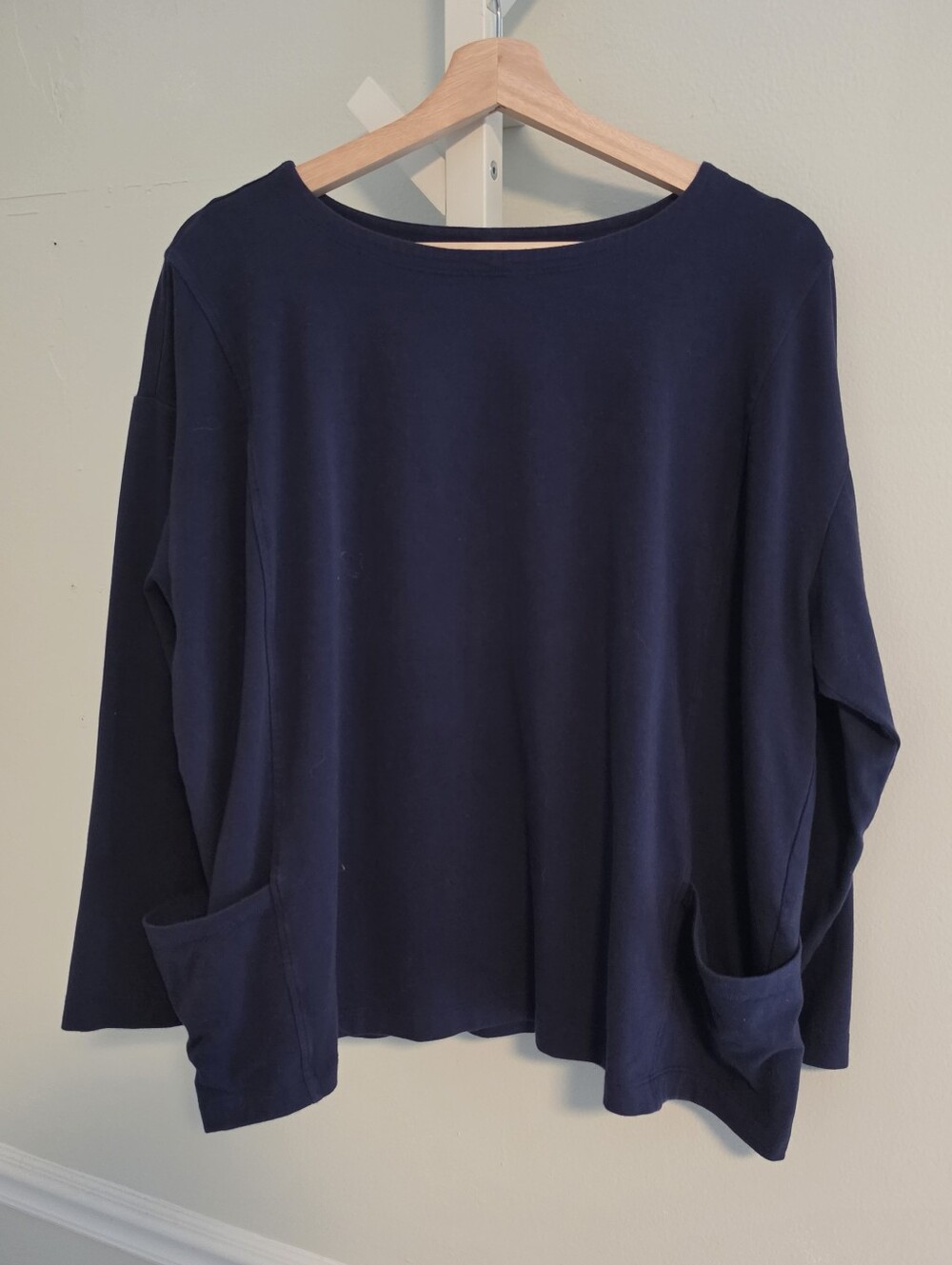 Eileen Fisher Woman Navy Boxy Box Top Boat Neck Double Pocket 1X